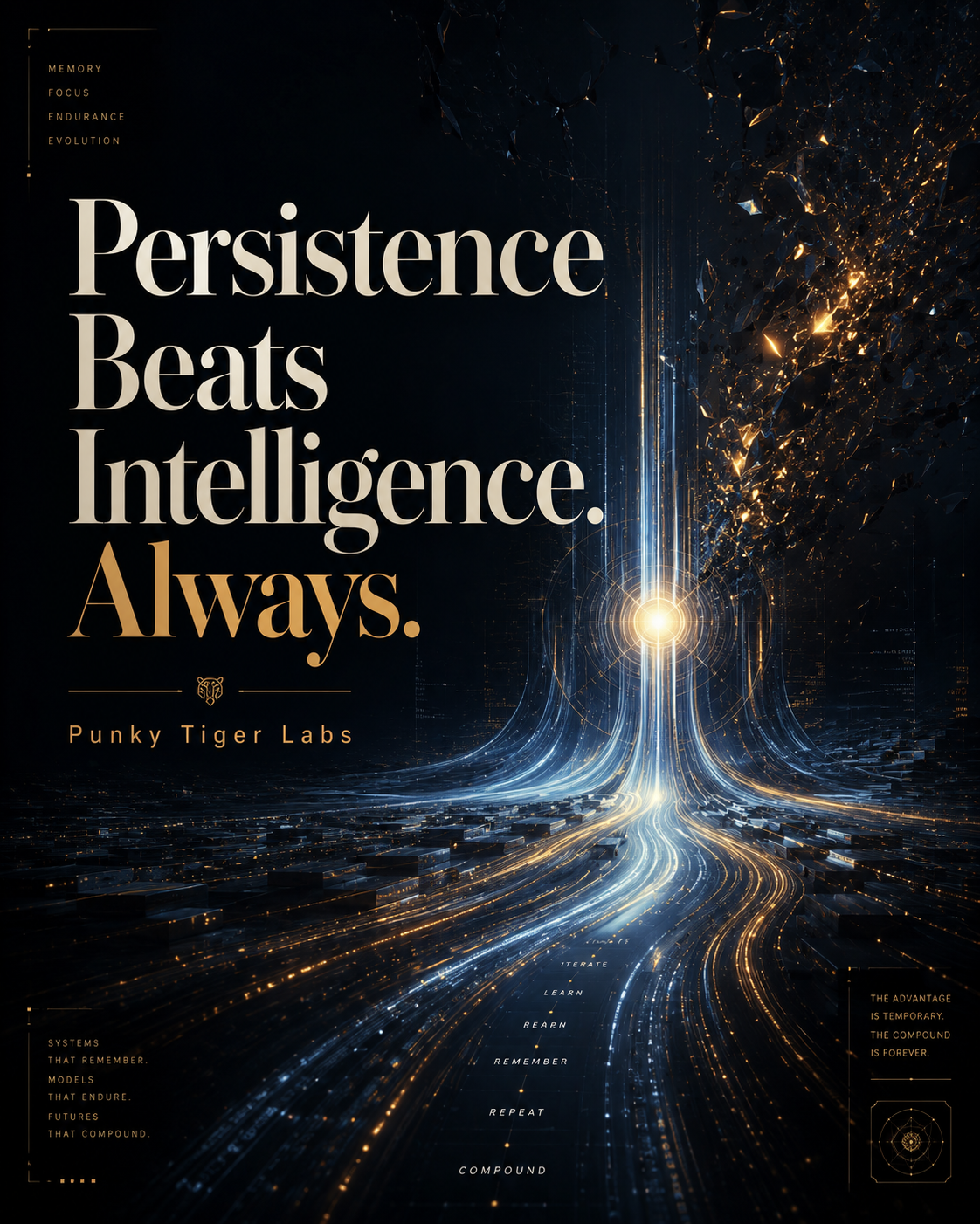 Persistence beats intelligence. Always. — Punky Tiger Labs. Memory, focus, endurance, evolution. Systems that remember. Models that endure. Futures that compound.